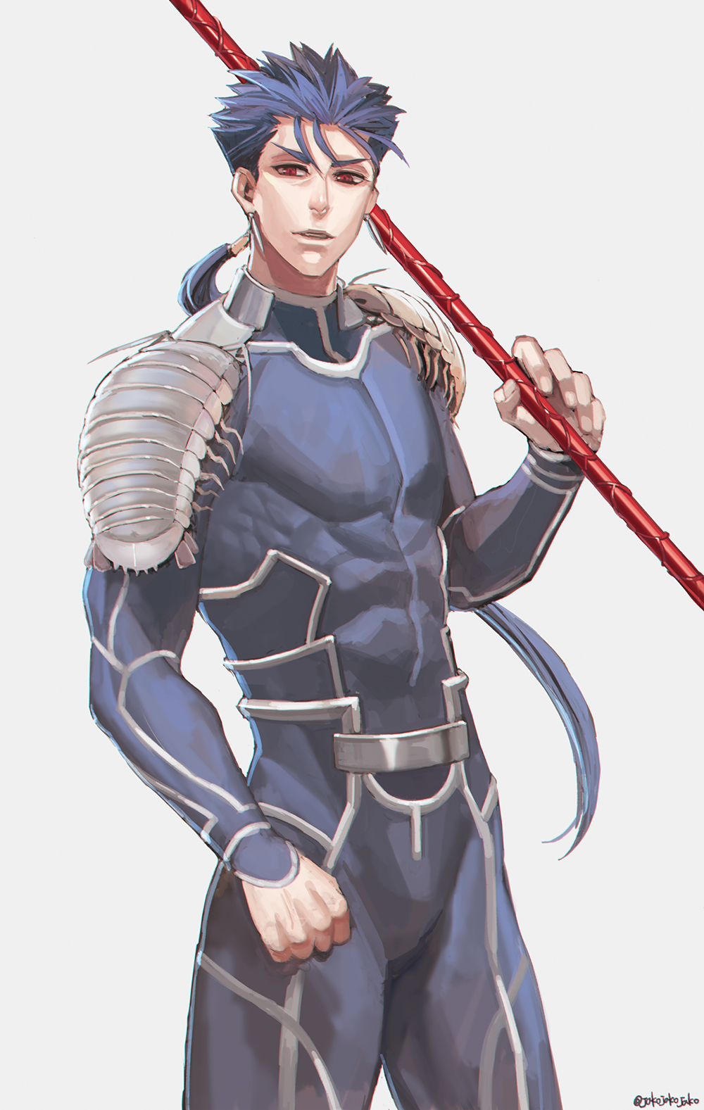 1boy abs armor beads blue_hair bodysuit cowboy_shot crab cu_chulainn_(fate)_(all) earrings fate/stay_night fate_(series) gae_bolg grey_background hair_beads hair_ornament highres holding holding_polearm holding_weapon isopod jewelry lancer long_hair looking_at_viewer male_focus muscle pauldrons polearm ponytail red_eyes shoulder_armor simple_background skin_tight slit_pupils solo spiky_hair twitter_username type-moon weapon