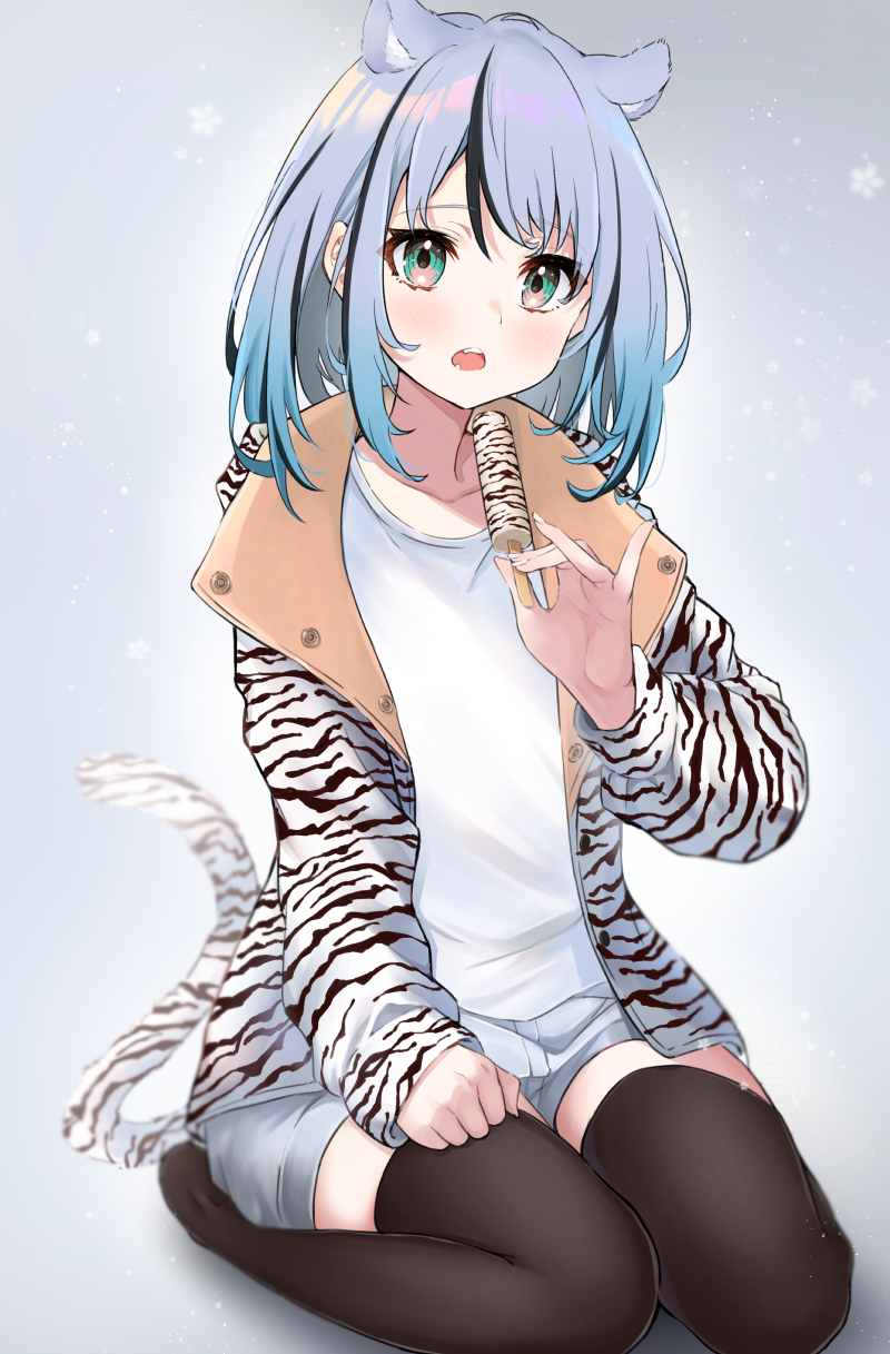 1girl animal_ear_fluff animal_ears animal_print bangs black_hair black_legwear commentary_request eyebrows_visible_through_hair food green_eyes grey_background grey_hair grey_shorts haru_(re_ilust) highres holding holding_food ice_cream jacket long_sleeves looking_at_viewer multicolored_hair no_shoes open_clothes open_jacket open_mouth original print_jacket puffy_long_sleeves puffy_sleeves seiza shirt short_shorts shorts sitting solo streaked_hair tail thigh-highs tiger_ears tiger_girl tiger_print tiger_tail white_shirt