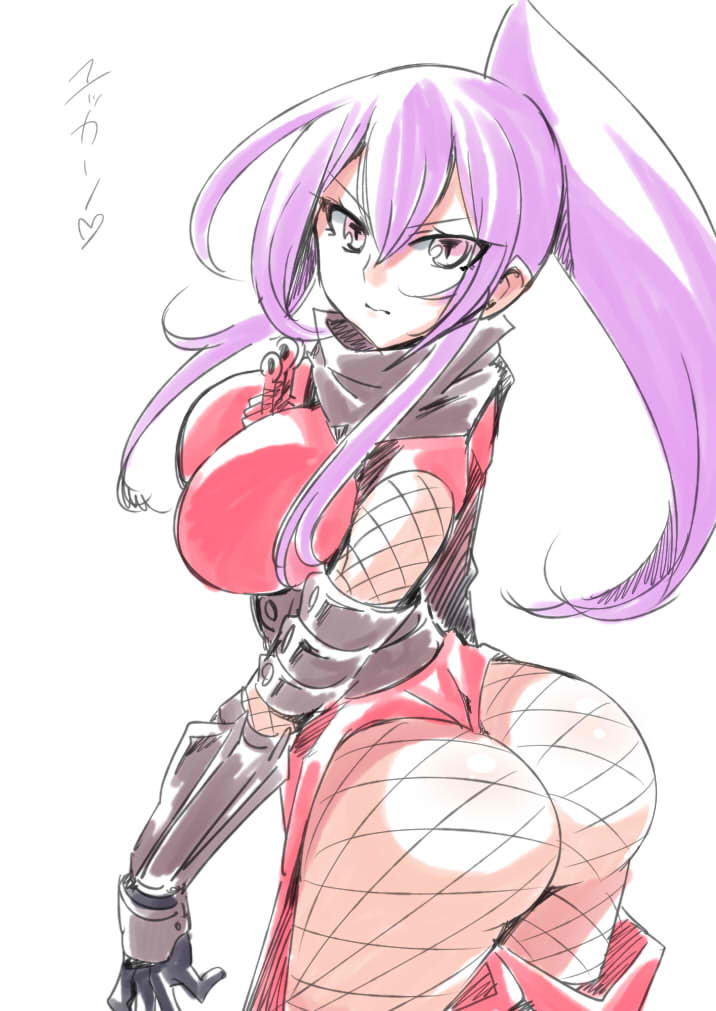 1girl ass breasts closed_mouth dragon_yukano fishnets gloves japanese_clothes large_breasts long_hair looking_at_viewer ninja ninja_slayer purple_hair scarf simple_background solo tukiwani violet_eyes white_background
