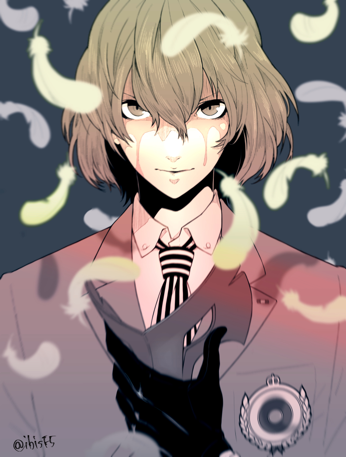 1boy akechi_gorou artist_name black_gloves blood blood_on_face breast_pocket brown_eyes brown_hair coat collared_shirt feathers gloves hair_between_eyes hitoki_(kokusei1977) holding holding_mask looking_at_viewer male_focus mask necktie persona persona_5 pocket shirt short_hair simple_background solo striped striped_neckwear twitter_username