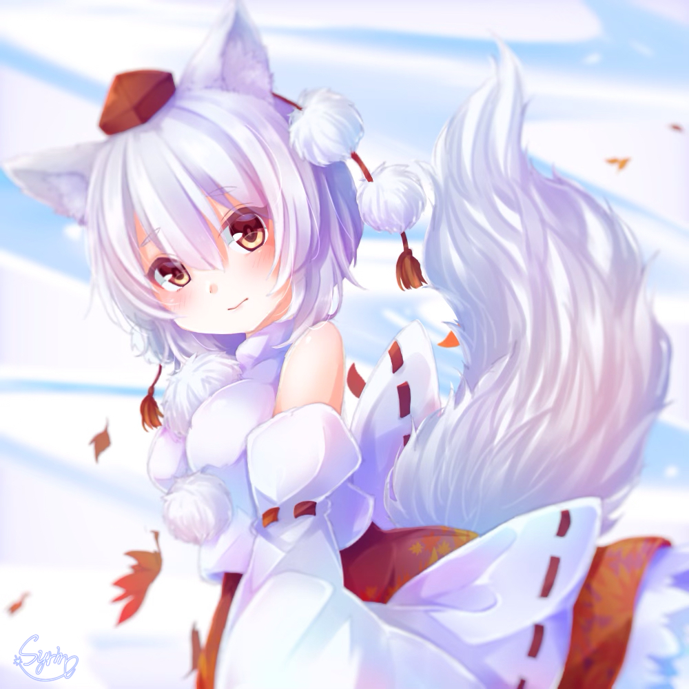 animal_ears autumn_leaves bare_shoulders breasts detached_sleeves eyebrows_visible_through_hair hat inubashiri_momiji large_breasts outdoors pom_pom_(clothes) red_eyes red_skirt ribbon-trimmed_sleeves ribbon_trim shirt short_hair silver_hair skirt sleeveless sleeveless_shirt tail tokin_hat touhou turtleneck white_shirt wolf_ears wolf_tail yunagi_(arukumaruta)