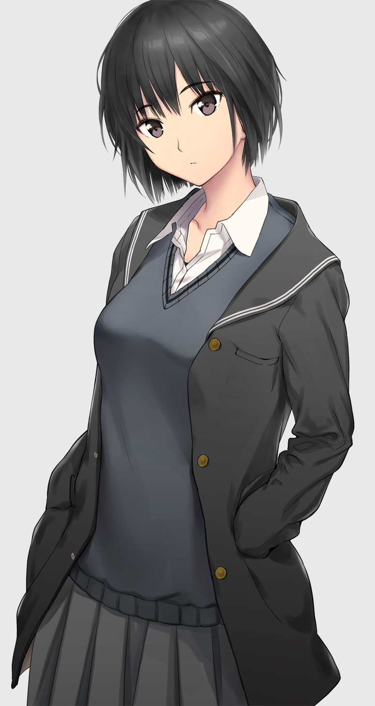 1girl amagami black_hair black_jacket blazer blue_sweater_vest brown_eyes closed_mouth cowboy_shot dress_shirt expressionless grey_background grey_skirt hands_in_pockets highres jacket looking_at_viewer nanasaki_ai open_clothes open_jacket pleated_skirt school_uniform serizawa_(serizawaroom) shirt short_hair simple_background skirt solo striped sweater_vest white_shirt