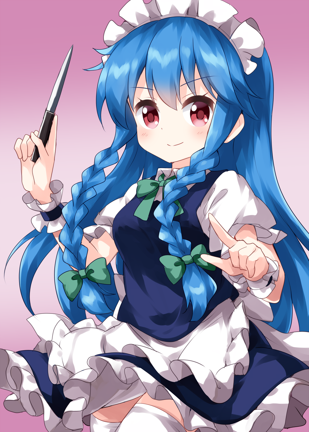 1girl alternate_hairstyle apron bangs blue_dress blue_hair bow bowtie braid closed_mouth collared_shirt cosplay dress eyebrows_visible_through_hair gradient gradient_background green_bow green_neckwear hair_bow highres hinanawi_tenshi holding holding_knife index_finger_raised izayoi_sakuya izayoi_sakuya_(cosplay) knife long_hair looking_at_viewer maid maid_headdress pink_background red_eyes ruu_(tksymkw) shirt short_sleeves side_braids smile solo standing touhou twin_braids v-shaped_eyebrows waist_apron white_apron white_headwear white_legwear white_shirt wrist_cuffs