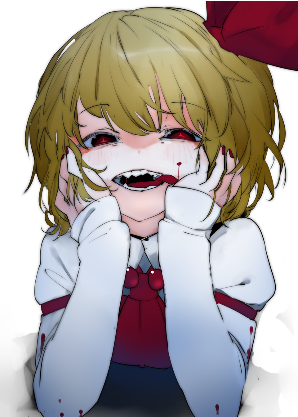 +_+ 1girl black_vest blood blood_on_face bloody_clothes blush collared_shirt commentary_request hair_ribbon hands_on_own_face happy highres ikurauni long_sleeves looking_at_viewer open_mouth platinum_blonde_hair red_eyes red_neckwear ribbon rumia sharp_teeth shirt short_hair smile solo teeth touhou vest white_background