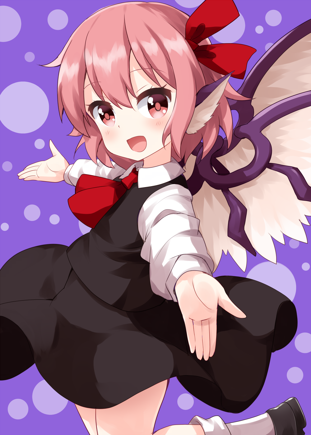 1girl animal_ears ascot bangs bird_ears bird_wings black_footwear black_skirt black_vest collared_shirt cosplay dotted_background eyebrows_visible_through_hair feathered_wings from_side hair_ribbon highres long_sleeves looking_at_viewer medium_hair mystia_lorelei open_mouth outstretched_arms pink_eyes pink_hair purple_background red_neckwear red_ribbon ribbon rumia rumia_(cosplay) ruu_(tksymkw) shirt skirt smile socks solo spread_arms touhou vest white_feathers white_legwear white_shirt white_wings wings