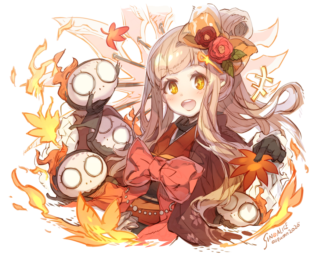 +++ 1girl :d blonde_hair commentary_request dated flower frills gloves hair_flower hair_ornament hairclip haku_(sabosoda) japanese_clothes kimono leaf little_red_riding_hood_(sinoalice) looking_at_viewer maple_leaf nightmare_(sinoalice) open_mouth orange_eyes sinoalice smile upper_teeth waist_bow white_background
