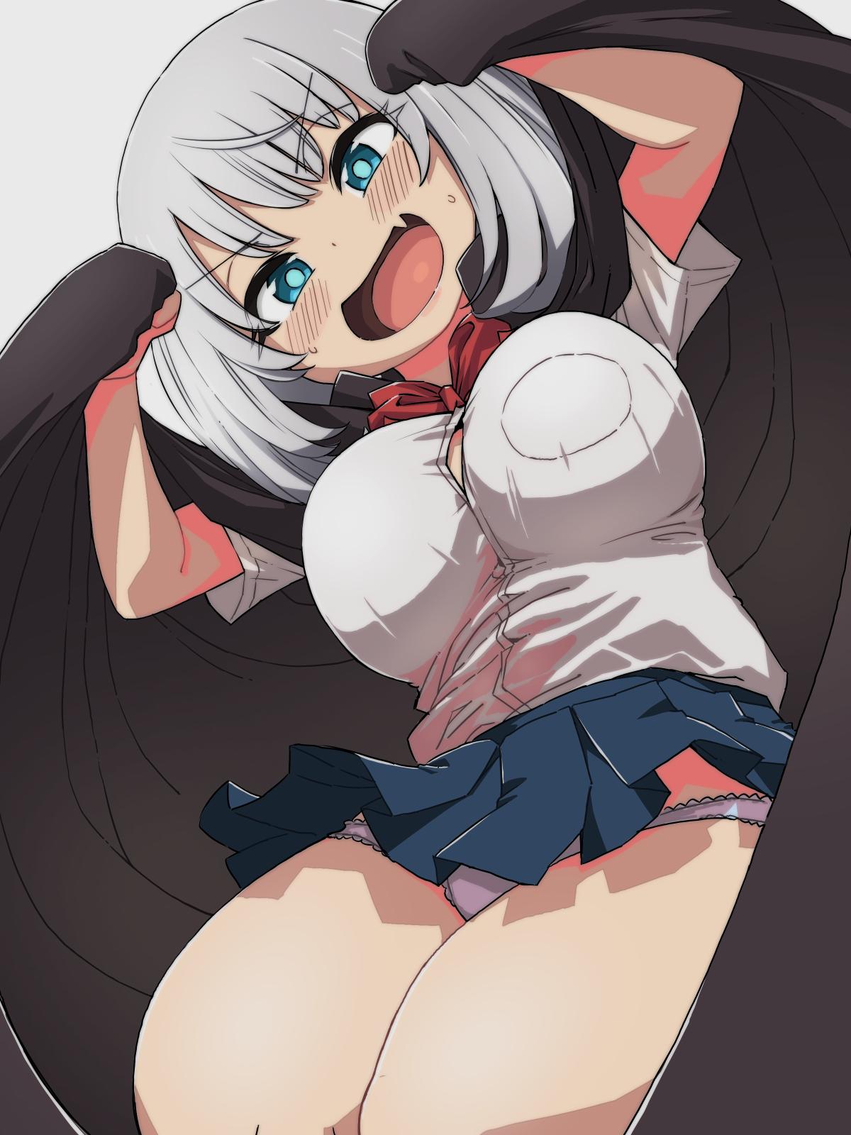1girl :d bangs black_cape blue_eyes blue_pupils blue_skirt blush breasts cape eyebrows_visible_through_hair eyes_visible_through_hair fang hands_up highres large_breasts legs_together looking_at_viewer miniskirt moyamu open_mouth panties pink_panties pleated_skirt red_ribbon ribbon shirt short_hair short_sleeves silver_hair simple_background skirt smile solo tejina_senpai tejina_senpai_(character) thighs underwear v-shaped_eyebrows white_background white_shirt