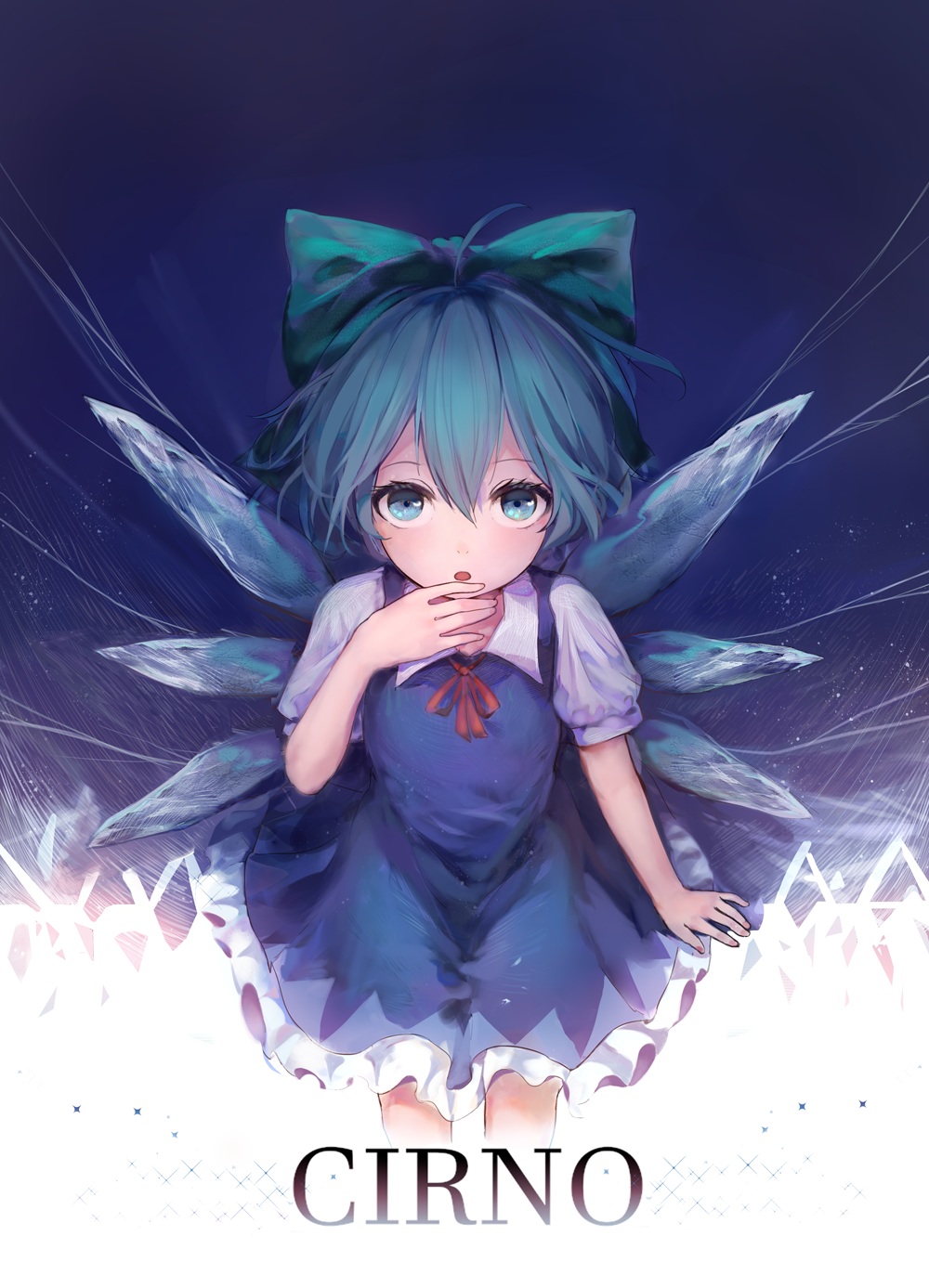 1girl :o ahoge blue_background blue_bow blue_dress blue_eyes blue_hair bow character_name cirno commentary_request dress feet_out_of_frame flat_chest gradient gradient_background hair_between_eyes hair_bow hand_to_own_mouth highres ice ice_wings leaning_forward neck_ribbon puffy_short_sleeves puffy_sleeves red_neckwear red_ribbon ribbon shirt short_hair short_sleeves siyumu solo standing touhou white_shirt wings