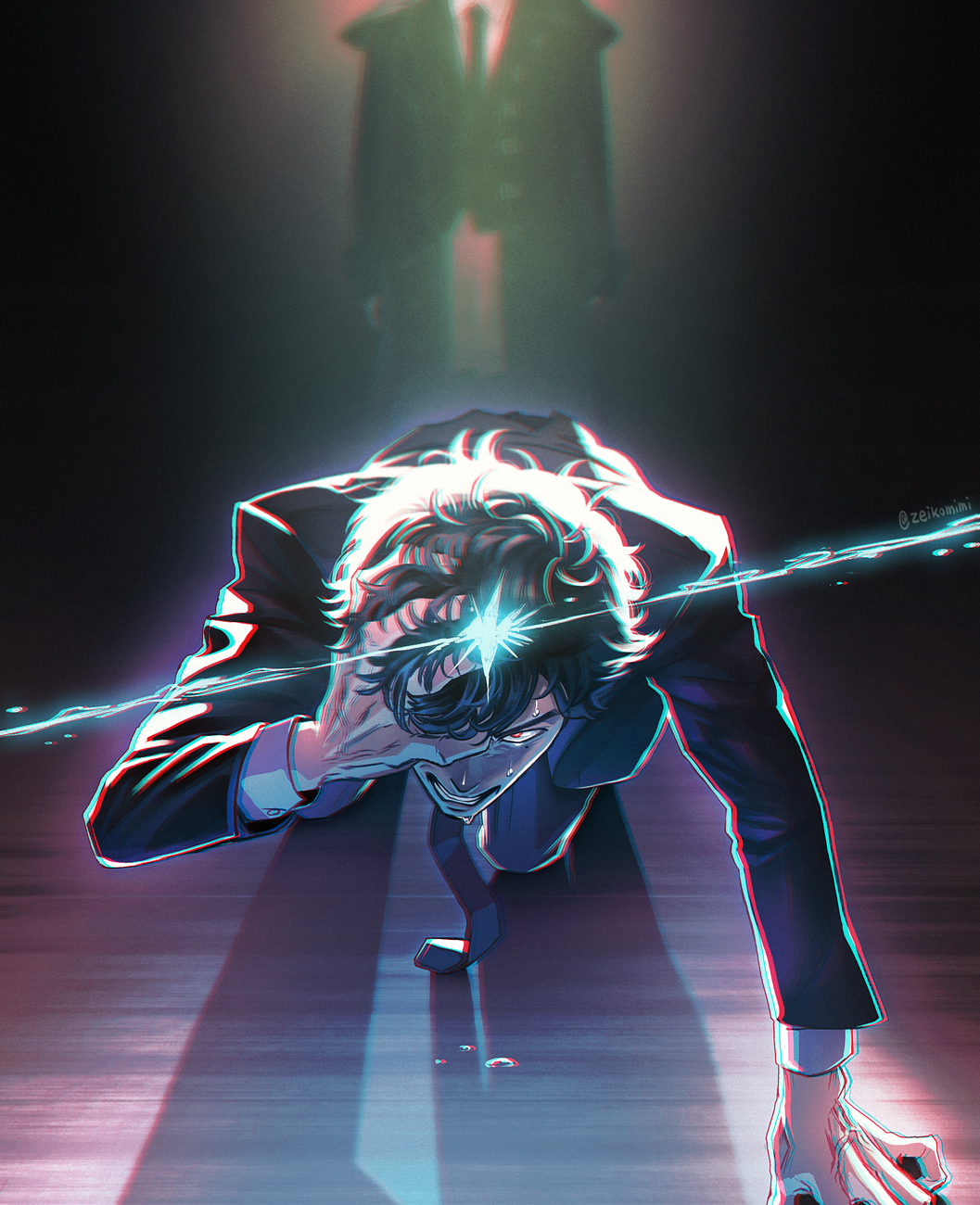 1boy all_fours angry black_background black_hair character_request clenched_teeth copyright_request crying formal hand_in_hair head_out_of_frame highres red_eyes simple_background solo_focus suit tears teeth twitter_username veins zeikomimi