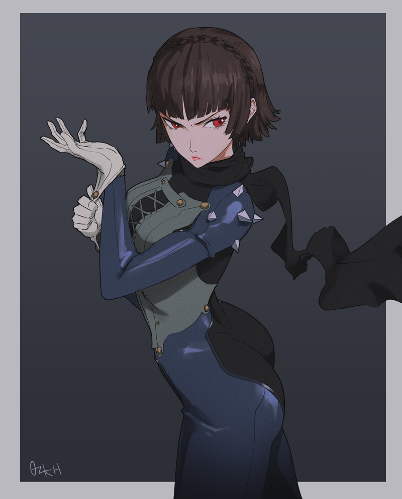 1girl artist_name ass bangs black_scarf bodysuit braid brown_hair cowboy_shot cross-laced_clothes crown_braid furrowed_eyebrows gloves grey_background hair_behind_ear looking_back niijima_makoto ozkh persona persona_5 red_eyes scarf short_hair shoulder_spikes simple_background solo spikes v-shaped_eyebrows white_gloves