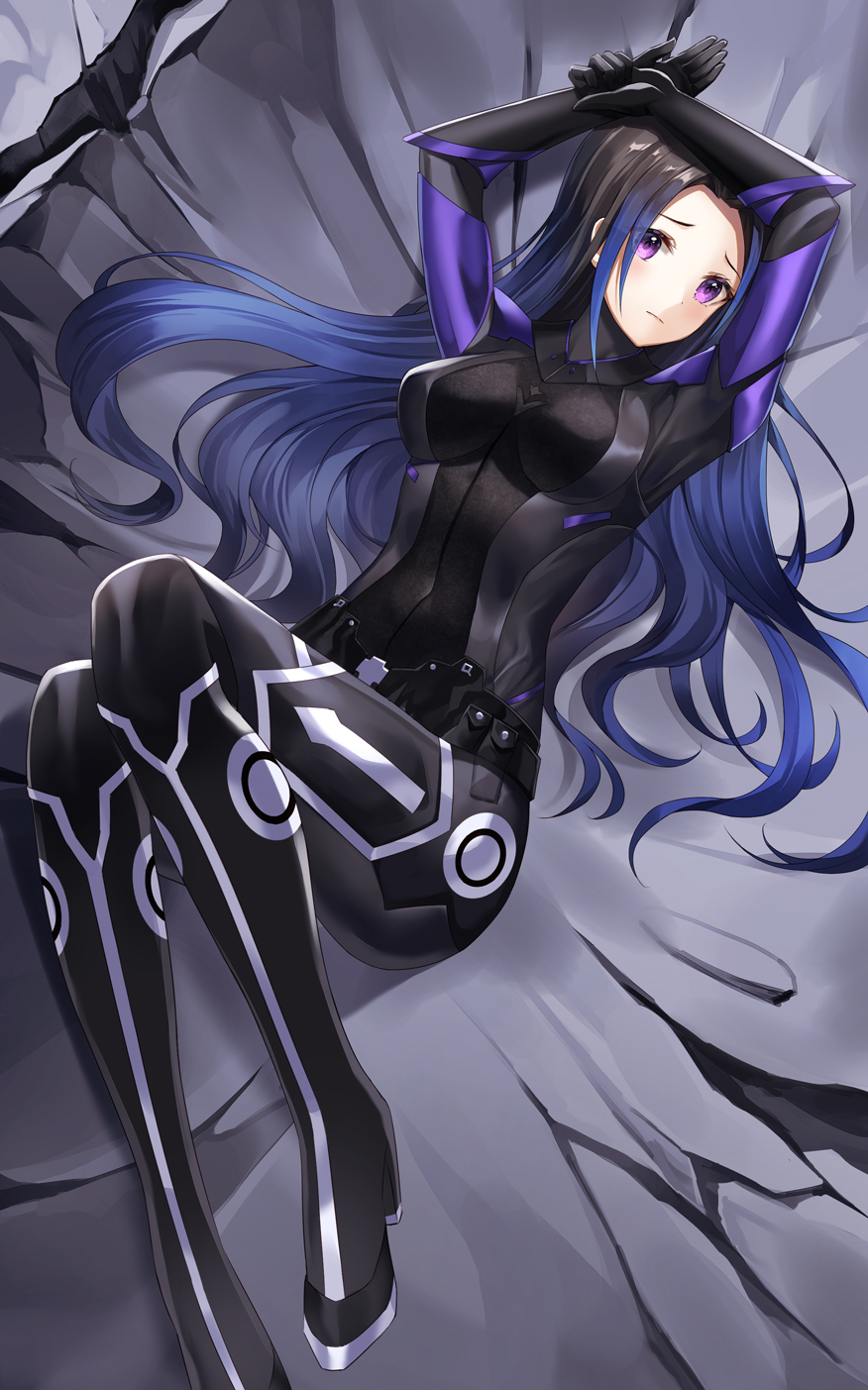 1girl arms_up bangs black_bodysuit black_hair blue_hair bodysuit boots breasts commentary_request commission forehead gradient_hair high_heel_boots high_heels highres lunacle lying medium_breasts multicolored_hair on_back on_ground original parted_bangs pixiv_request solo violet_eyes