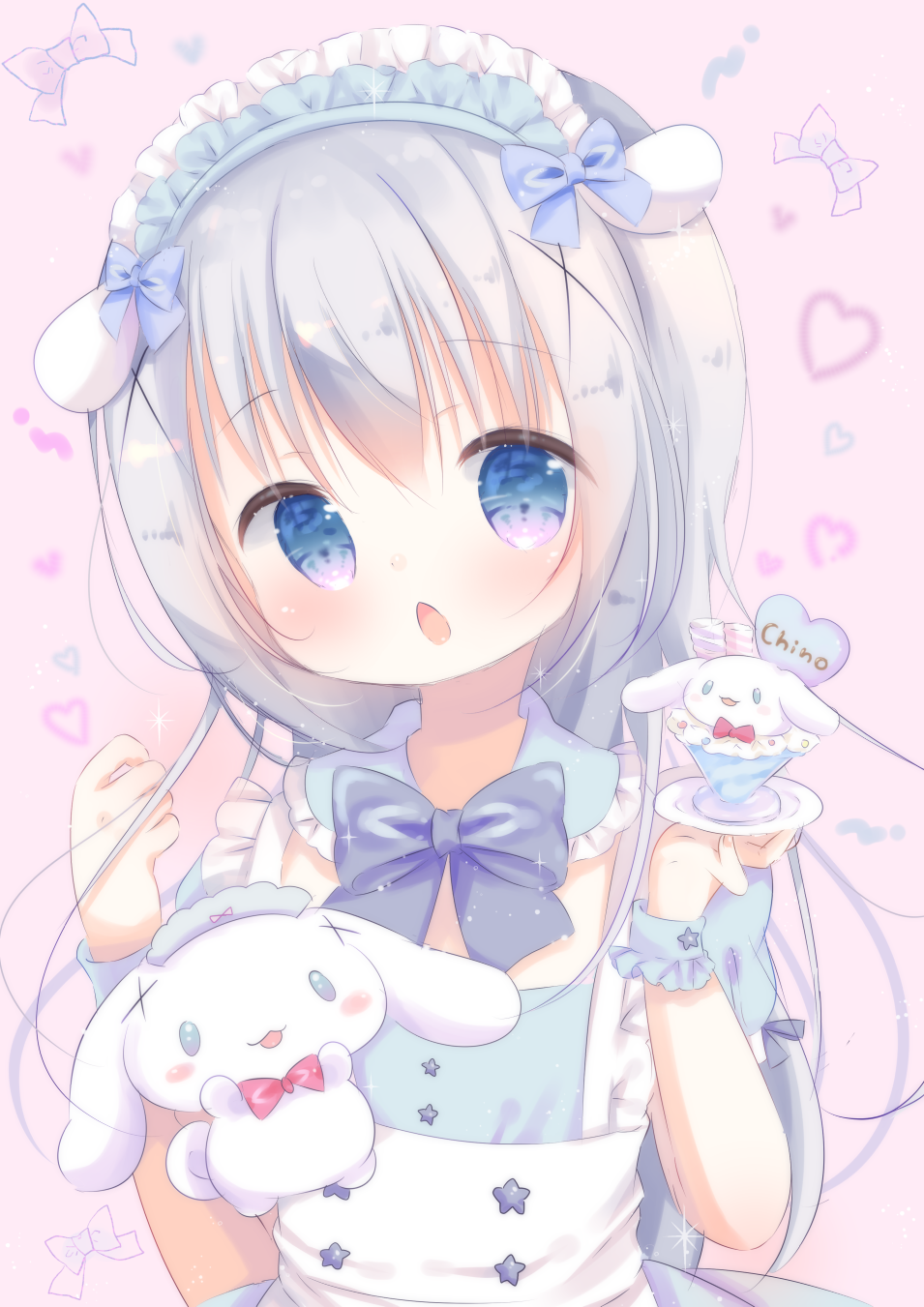 1girl animal_ears apron blue_bow blue_collar blue_dress blue_eyes bow character_name cinnamoroll collar commentary_request crossover detached_collar dress fake_animal_ears frilled_collar frills gochuumon_wa_usagi_desu_ka? grey_hair hair_ornament hands_up heart heart_background highres holding kafuu_chino long_hair maid maid_headdress pink_background puffy_short_sleeves puffy_sleeves rabbit_ears rin_(fuwarin) sanrio short_sleeves simple_background upper_body very_long_hair white_apron wrist_cuffs x_hair_ornament