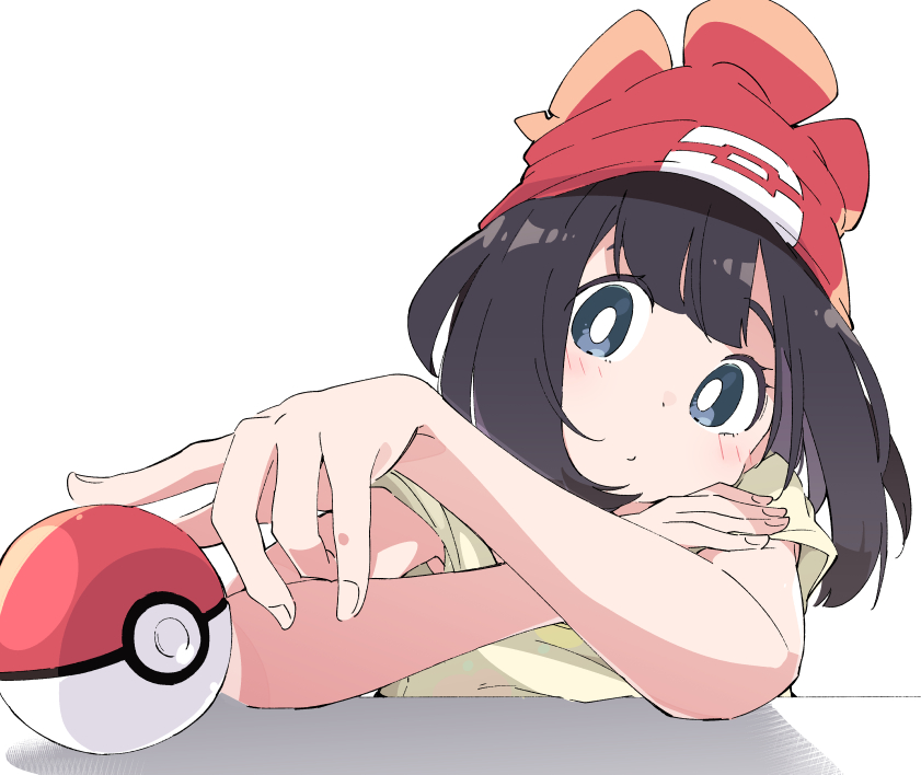 1girl beanis black_hair blue_eyes blush ixy looking_at_viewer poke_ball pokemon pokemon_(game) pokemon_sm red_headwear selene_(pokemon) shirt short_hair short_sleeves simple_background solo upper_body white_background yellow_shirt