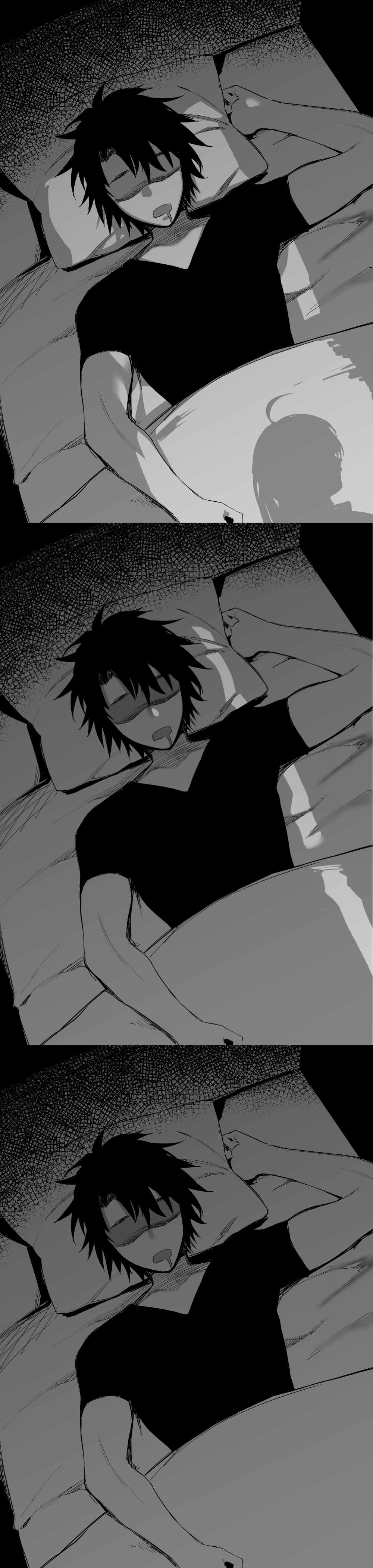 1boy 1girl absurdres ahoge artoria_pendragon_(all) artoria_pendragon_(caster) bed drooling faceless faceless_male fate/grand_order fate_(series) greyscale highres hxd long_image lying monochrome on_back on_bed pillow saliva shadow shirt sleeping t-shirt tall_image