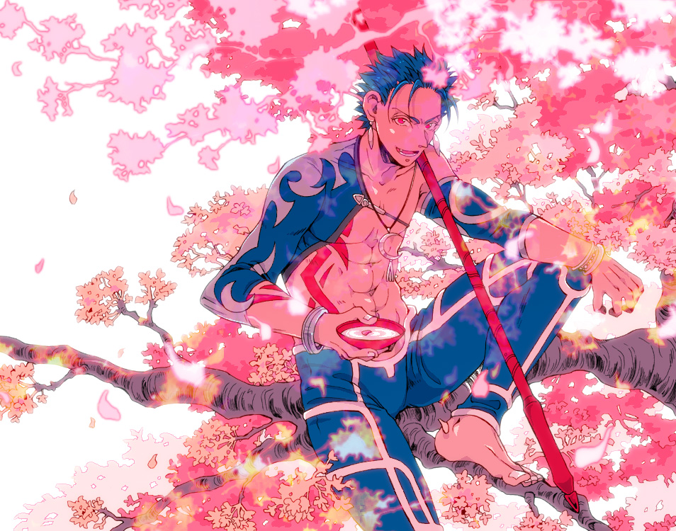 1boy abs alcohol barefoot blue_hair bodypaint bracelet charatei cherry_blossoms crescent_necklace cu_chulainn_(fate)_(all) cup detached_sleeves earrings fang fate/grand_order fate_(series) gae_bolg grin in_tree jewelry knee_up lancer male_focus muscle open_mouth pants red_eyes sakazuki sake shirtless short_hair sitting sitting_in_tree skin_tight smile solo spiky_hair strap tree type-moon