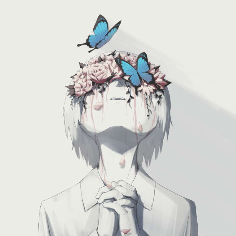 1boy avogado6 bug butterfly collared_shirt colored_tears covered_eyes facing_up flower insect interlocked_fingers open_mouth original own_hands_together pink_flower pink_rose rose shirt short_hair simple_background solo tears upper_body white_background white_hair white_shirt white_skin wing_collar