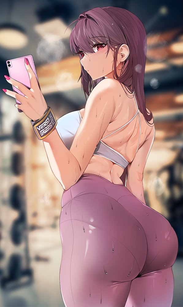 1girl ass bangs breasts cellphone closed_mouth commentary_request damda eyebrows_visible_through_hair fate/grand_order fate_(series) fingernails from_behind holding holding_phone large_breasts long_hair looking_at_viewer nail_polish phone purple_hair red_eyes red_nails scathach_(fate) scathach_(fate)_(all) solo sportswear sweat