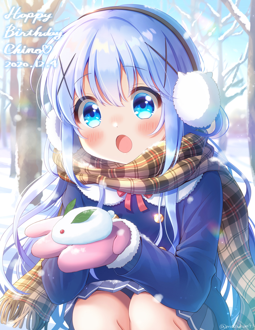 1girl :o bangs black_hairband blue_coat blue_eyes blue_hair blue_skirt blush character_name coat commentary dated earmuffs eyebrows_visible_through_hair fur-trimmed_sleeves fur_collar fur_trim gochuumon_wa_usagi_desu_ka? hair_between_eyes hair_ornament hairband happy_birthday kafuu_chino long_hair long_sleeves mittens mozukun43 pink_mittens plaid plaid_scarf scarf skirt snow snow_bunny snowing solo squatting twitter_username winter winter_clothes winter_coat x_hair_ornament