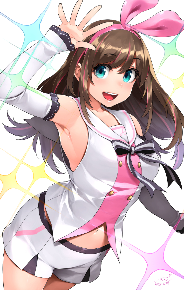1girl :d arm_up armpits bangs bare_shoulders blue_eyes brown_hair detached_sleeves eyebrows_visible_through_hair hairband happa_(cloverppd) highres kizuna_ai kizuna_ai_inc. long_hair looking_at_viewer multicolored_hair navel open_mouth pink_hair pink_hairband short_shorts shorts simple_background smile solo sparkle streaked_hair two-tone_hair upper_teeth virtual_youtuber waving white_background
