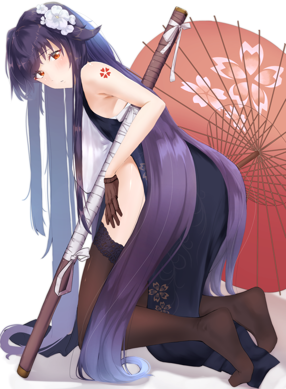 1girl ass azuma_(azur_lane) azuma_(soft_voice_of_spring)_(azur_lane) azur_lane breasts brown_gloves china_dress chinese_clothes dress flower full_body gloves hair_between_eyes hair_flower hair_ornament half_gloves highres large_breasts leaning_forward long_hair looking_at_viewer looking_back miss_non orange_eyes oriental_umbrella purple_hair sakura_empire_(emblem) sheath shoulder_tattoo simple_background solo tattoo thigh-highs umbrella very_long_hair white_background white_flower