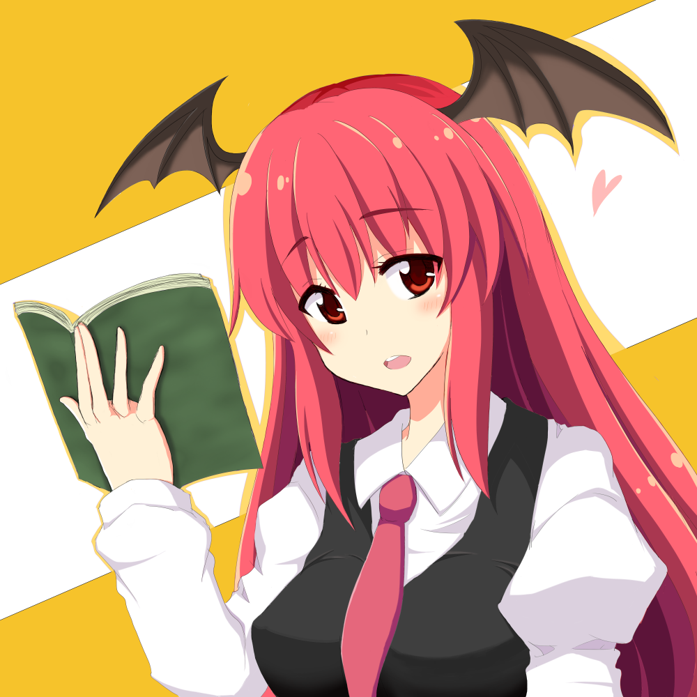 1girl :o bat_wings black_vest blush book breasts collared_shirt commentary_request dress_shirt eyebrows_visible_through_hair hair_between_eyes head_tilt head_wings heart holding holding_book juliet_sleeves koakuma long_hair long_sleeves looking_at_viewer maisaka medium_breasts necktie open_book puffy_sleeves red_eyes red_neckwear redhead shirt sidelocks simple_background touhou upper_body vest white_background white_shirt wings yellow_background