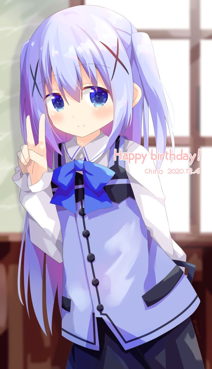 1girl bangs black_skirt blue_bow blue_eyes blue_hair blue_vest blurry blurry_background blush bow character_name closed_mouth collared_shirt commentary_request dated depth_of_field eyebrows_visible_through_hair gochuumon_wa_usagi_desu_ka? hair_between_eyes hair_ornament hand_up happy_birthday highres indoors kafuu_chino long_hair long_sleeves looking_at_viewer nakkar purple_hair rabbit_house_uniform shirt skirt sleeves_past_wrists smile solo two_side_up uniform v very_long_hair vest waitress white_shirt window x_hair_ornament