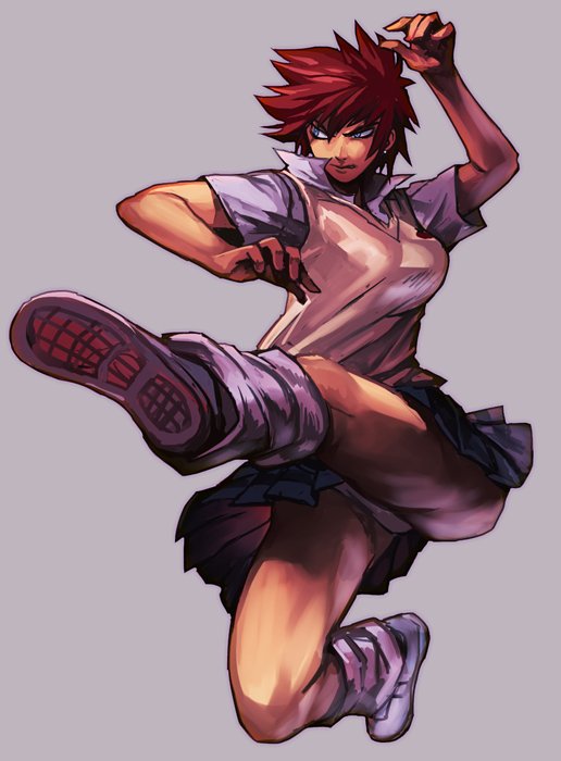 1girl aikawa_maki air_master beige_background blue_eyes collared_shirt full_body hankuri kicking loose_socks midair panties pantyshot pleated_skirt redhead school_uniform shirt shoes short_hair short_sleeves simple_background skirt sneakers solo tomboy underwear upskirt vest