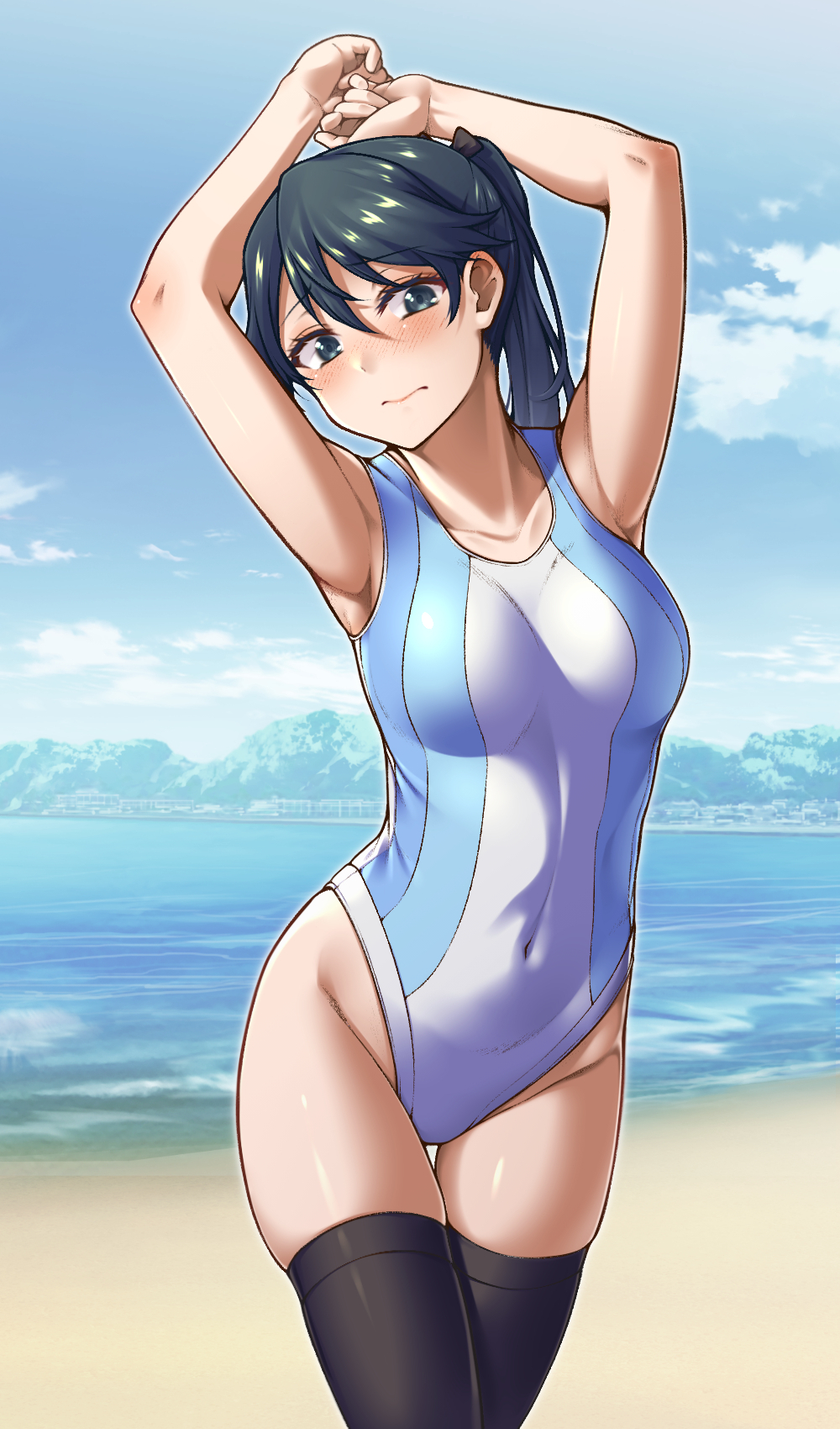 1girl arms_up bangs beach blue_eyes blue_hair blush breasts closed_mouth clouds commentary_request covered_navel day hair_between_eyes hair_ribbon highres houshou_(kantai_collection) kantai_collection long_hair medium_breasts multicolored multicolored_clothes multicolored_swimsuit ocean one-piece_swimsuit outdoors ponytail ribbon skindentation sky solo swimsuit thigh-highs water yuki_to_hana