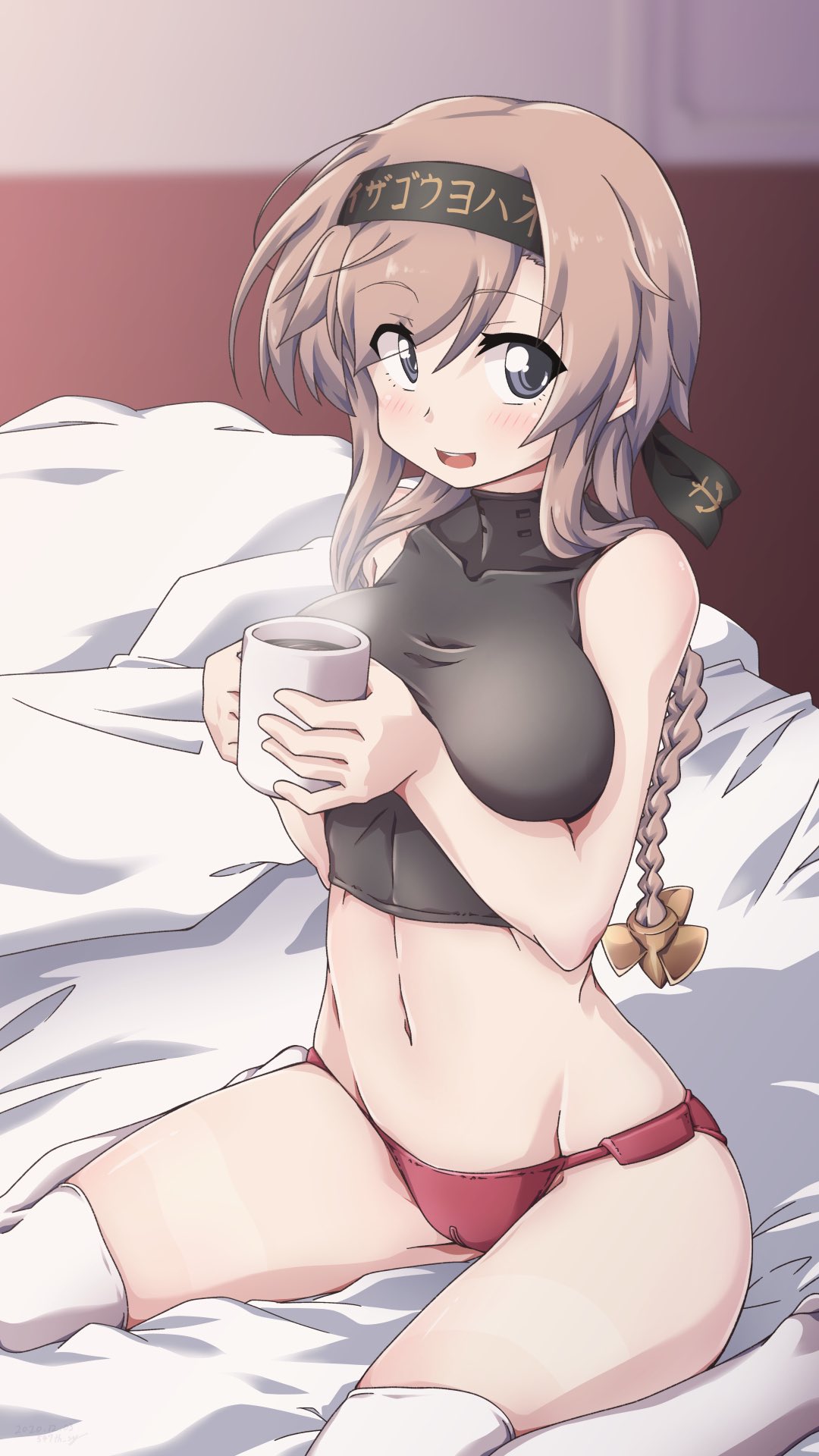 1girl 547th_sy bed black_headband black_undershirt braid breasts clothes_writing commentary_request cup grey_eyes hachimaki hair_ornament headband highres kantai_collection light_brown_hair long_hair looking_at_viewer medium_breasts midriff mug panties propeller_hair_ornament red_panties sitting sleeveless smile solo steam teruzuki_(kantai_collection) thigh-highs translated twin_braids underwear wariza white_legwear