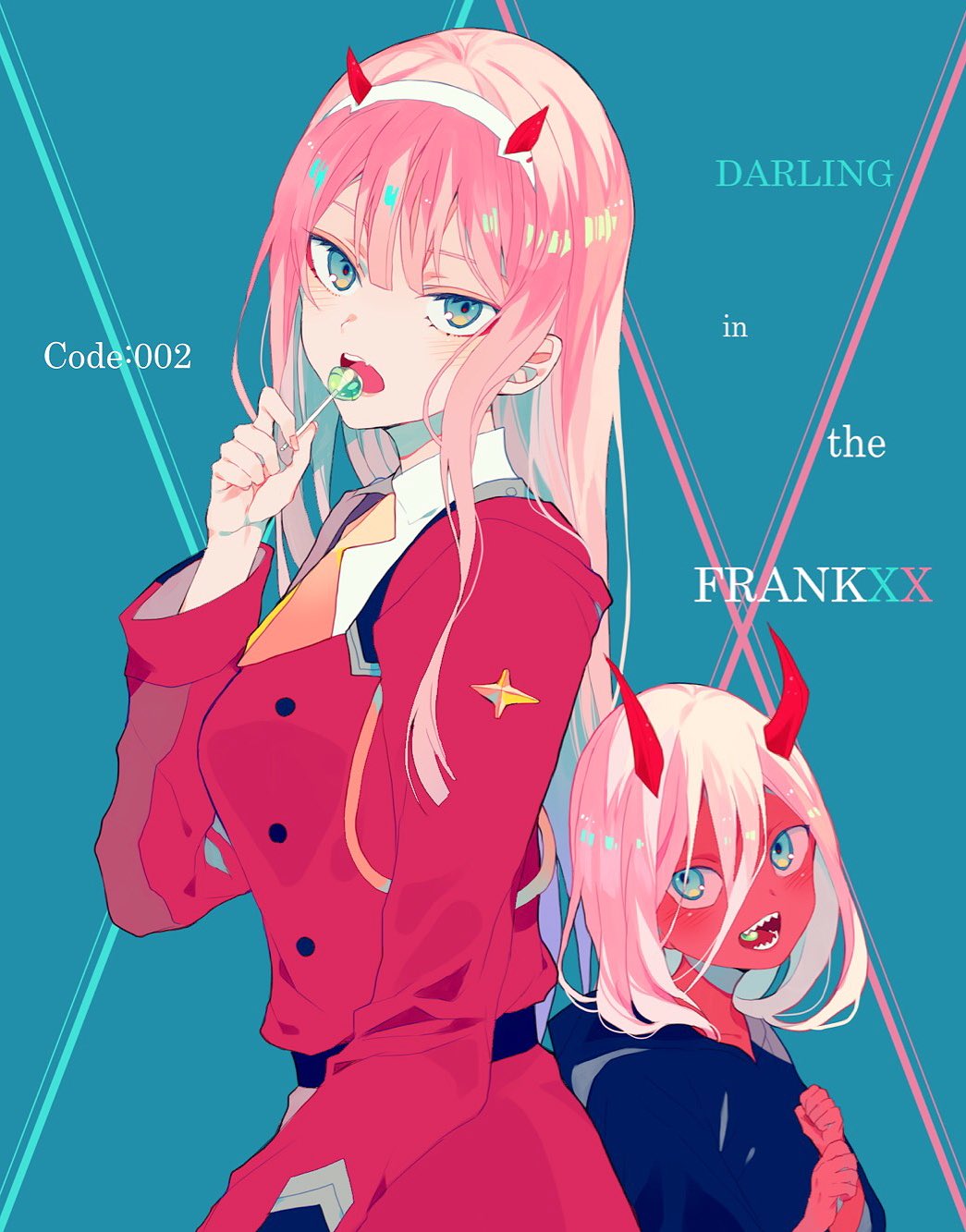 1girl :d back-to-back belt blue_background blue_eyes candy character_name coat copyright_name darling_in_the_franxx dual_persona eating fingernails food from_side highres horns lollipop long_hair long_sleeves looking_at_viewer multiple_persona nail_polish oni open_mouth pink_hair pink_nails red_coat red_oni red_skin satsuki_(miicat) sharp_teeth smile teeth time_paradox zero_two_(darling_in_the_franxx)