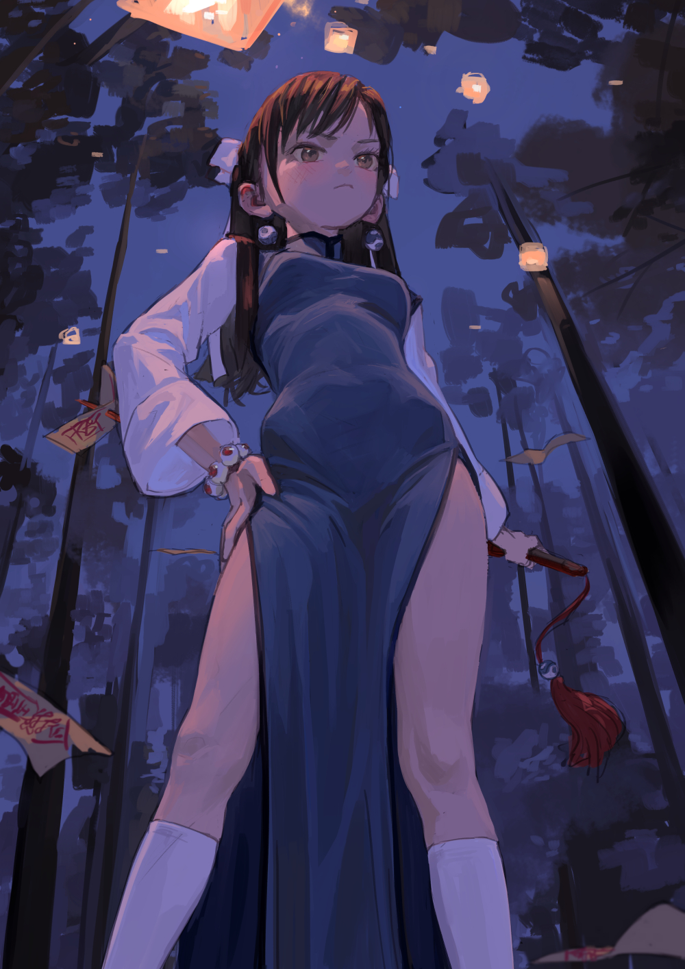 1girl bangs black_dress bracelet breasts brown_eyes brown_hair china_dress chinese_clothes closed_mouth dress earrings fkey hand_on_hip highres holding jewelry kneehighs long_hair long_sleeves night ofuda original outdoors pelvic_curtain serious small_breasts solo tassel thighs tree v-shaped_eyebrows white_legwear
