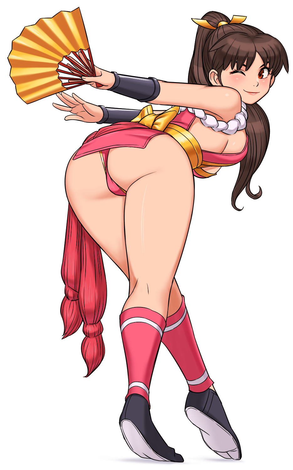 1girl ass bangs breasts brown_eyes brown_hair closed_mouth commentary_request fan fatal_fury full_body highres holding jacket japanese_clothes lips long_hair looking_back medium_breasts ninja one_eye_closed panties parted_bangs ponytail revealing_clothes rope shigenobu shiny shiny_hair shiny_skin shiranui_mai simple_background sleeveless smile solo the_king_of_fighters tied_hair underwear white_background