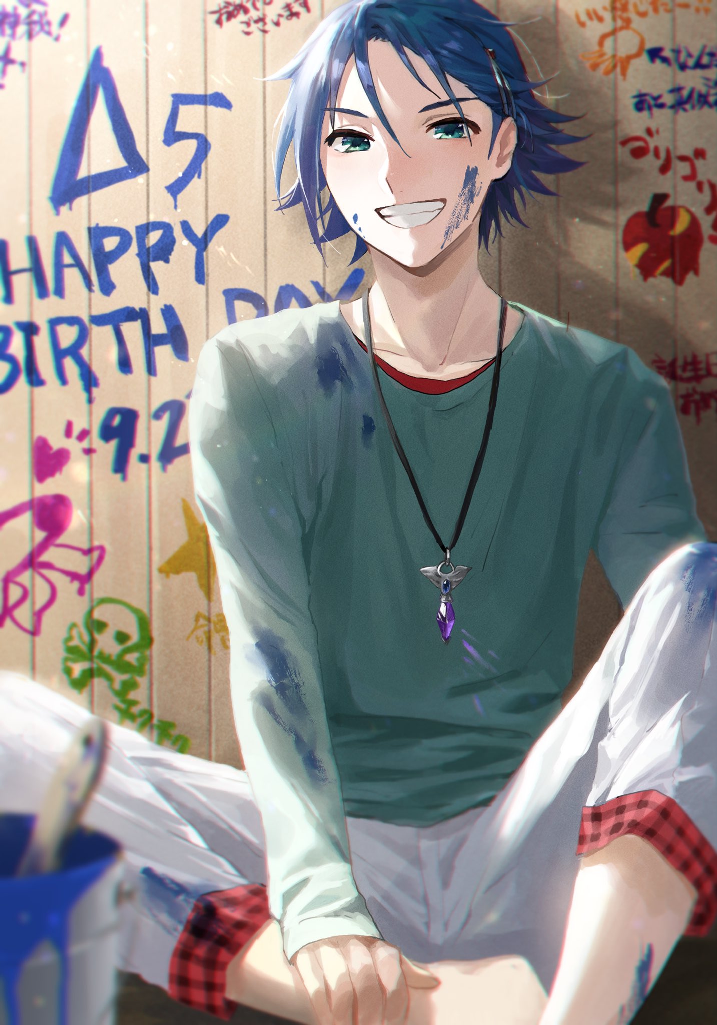 1boy aqua_shirt blue_eyes blue_hair collarbone dated hand_on_own_leg happy_birthday hayate_immelmann highres jewelry long_sleeves looking_at_viewer macross macross_delta necklace paint_splatter pants pote-mm shirt sitting smile solo white_pants
