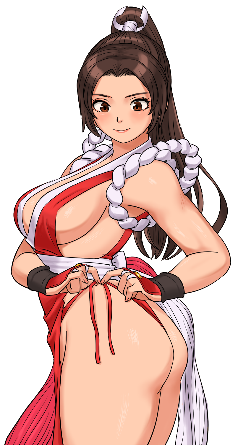 1girl bangs bare_shoulders blush breasts brown_eyes brown_hair closed_mouth commentary_request fatal_fury fingernails from_side highleg highleg_panties highres japanese_clothes large_breasts long_hair ninja panties parted_bangs pelvic_curtain ponytail revealing_clothes rope shigenobu shiny shiny_hair shiny_skin shiranui_mai side-tie_panties simple_background sleeveless smile solo the_king_of_fighters thighs tied_hair underwear white_background