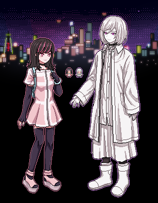 1boy 1girl akudama_drive arm_at_side back_hair black_choker black_gloves choker cityscape coat cutthroat_(akudama_drive) elbow_gloves fingerless_gloves gloves lowres nemuritaa outdoors pink_skirt pixel_art platform_footwear skirt sprite standing swindler_(akudama_drive) white_coat white_footwear white_hair white_skin