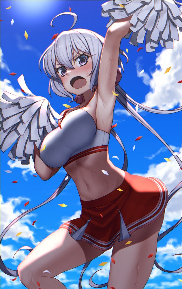 1girl ahoge arm_up armpits blush breasts cheerleader collarbone eyebrows_visible_through_hair large_breasts long_hair looking_at_viewer midriff miniskirt navel open_mouth outdoors pom_poms red_skirt senki_zesshou_symphogear shiny shiny_hair shiny_skin skirt sky solo sweat tsukamoto_kensuke twintails violet_eyes white_hair yukine_chris