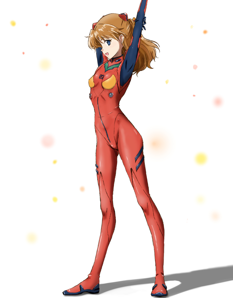 1girl arms_up blue_eyes bodysuit brown_hair commentary_request full_body interface_headset kinfuji long_hair multicolored multicolored_bodysuit multicolored_clothes neon_genesis_evangelion pilot_suit plugsuit profile rebuild_of_evangelion red_bodysuit shikinami_asuka_langley solo souryuu_asuka_langley two_side_up white_background