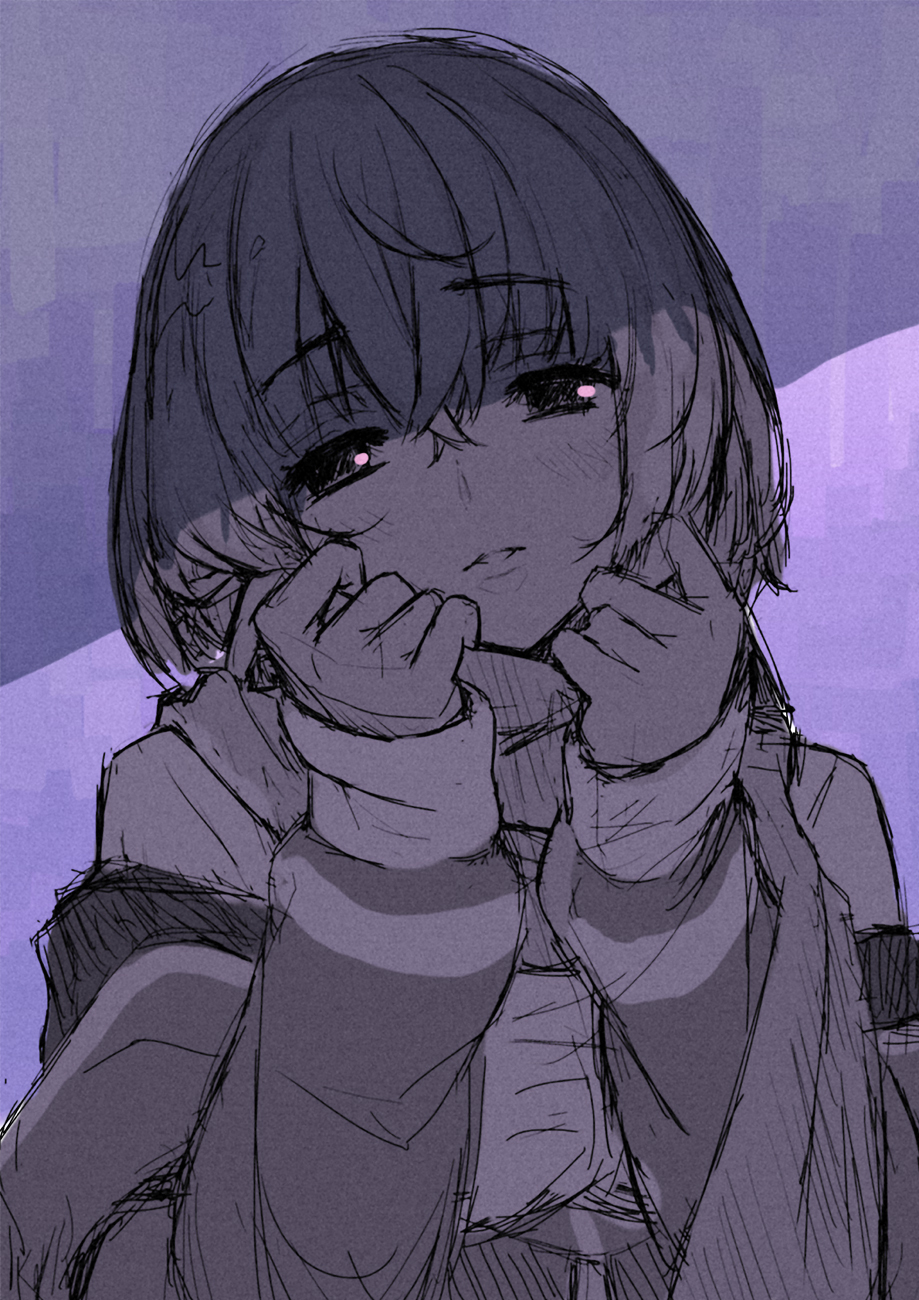 1girl bangs blush cupe. eyebrows_visible_through_hair highres long_sleeves off-shoulder_sweater off_shoulder parted_lips purple_background scarf shadow shinjou_akane short_hair sketch sleeves_past_wrists solo spot_color ssss.gridman sweater upper_body
