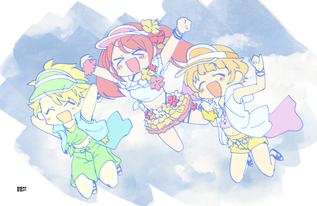 &gt;_&lt; 3boys arms_behind_head blonde_hair blue_sky blush_stickers brown_hair flower frilled_skirt frills hair_flower hair_ornament hansode_(pumpton) himeno_kanon idolmaster idolmaster_side-m idolmaster_side-m_live_on_stage jumping kirara_jump maita_rui male_focus midair midriff mizushima_saki multiple_boys official_alternate_costume otoko_no_ko shorts skirt sky sleeveless smile twintails visor_cap world_tre@sure_(idolmaster)