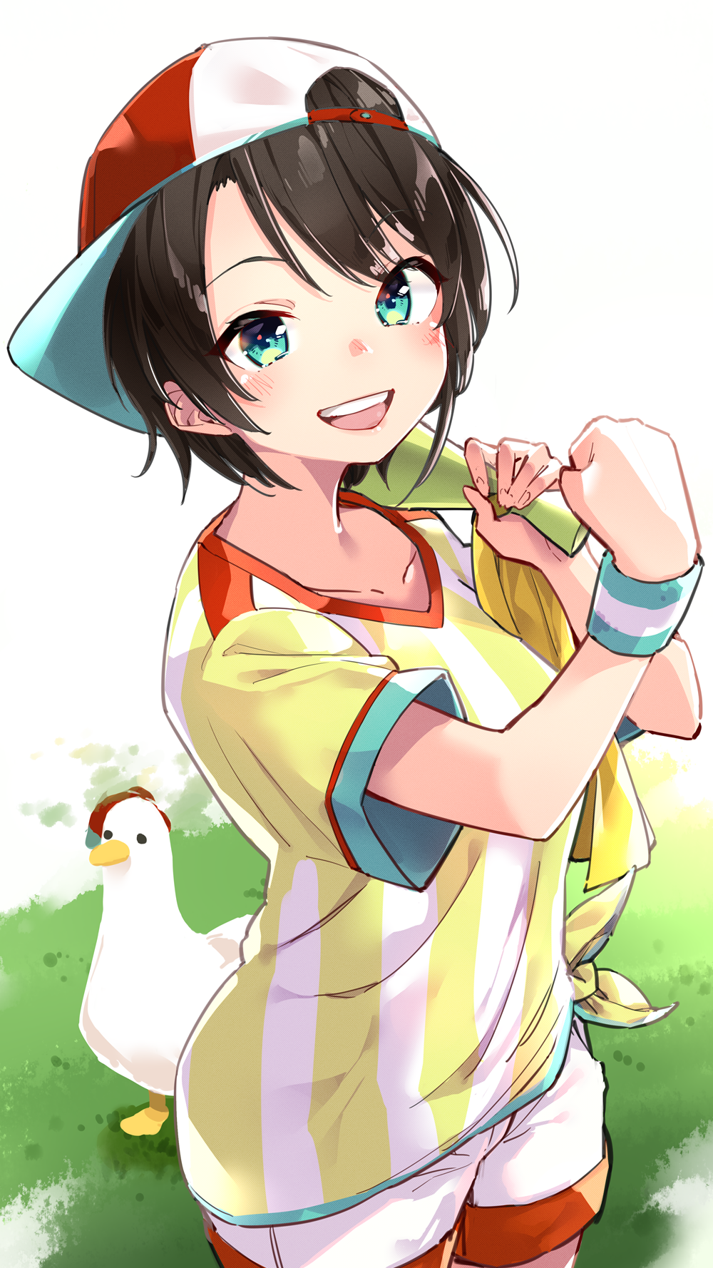 1girl backwards_hat baseball_cap black_hair blue_eyes blush breasts commentary cowboy_shot eyebrows_visible_through_hair grass hat highres hololive looking_at_viewer oozora_subaru open_mouth shirt short_hair short_shorts shorts simple_background small_breasts smile solo striped striped_shirt subaru_duck sweatband vertical-striped_shirt vertical_stripes virtual_youtuber white_background white_shorts yellow_shirt yuyaiyaui