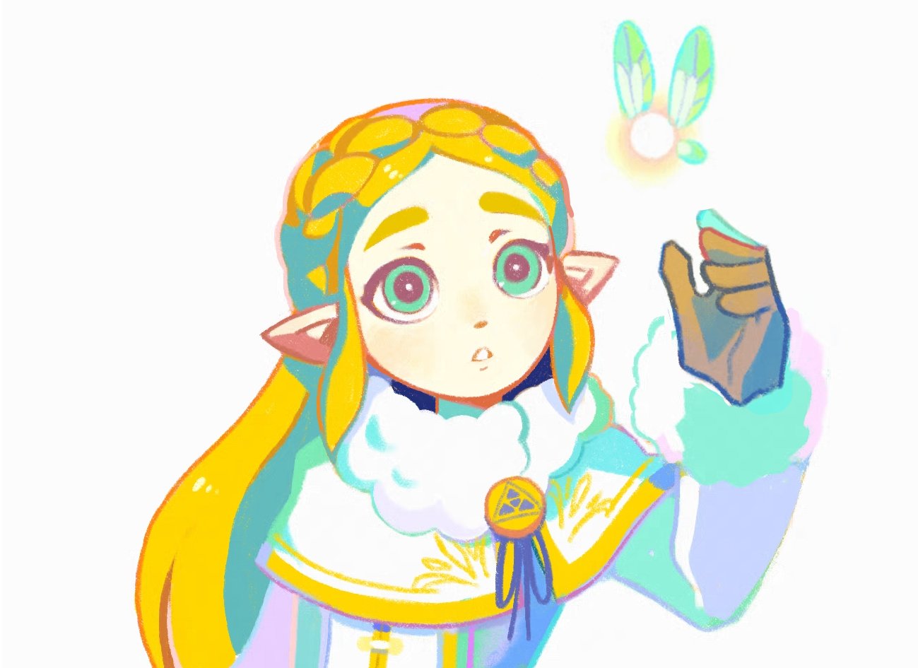 1girl aqua_eyes blonde_hair brown_gloves denaseey fairy fur_trim gloves long_hair parted_lips pointy_ears princess_zelda simple_background solo the_legend_of_zelda the_legend_of_zelda:_breath_of_the_wild triforce upper_body white_background