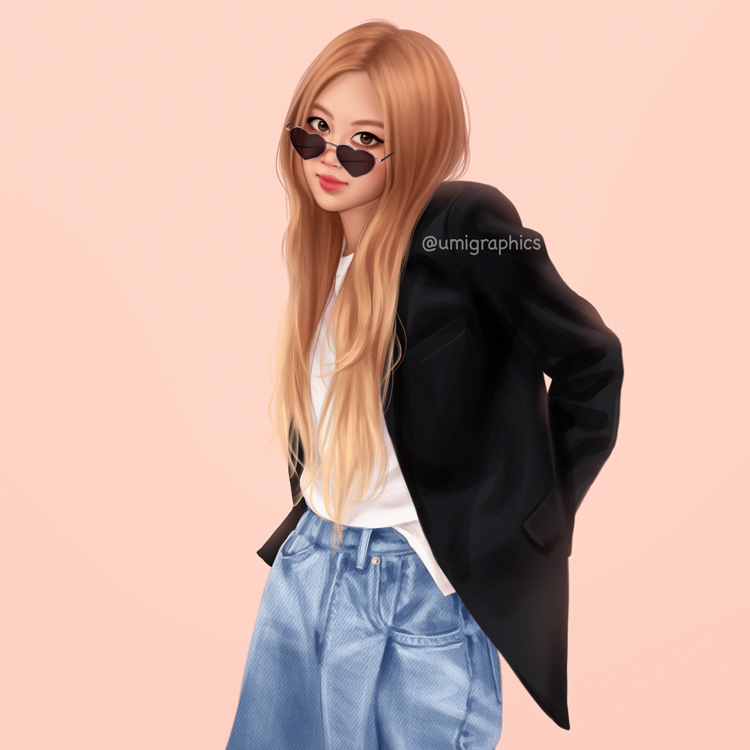 1girl blackpink blonde_hair brown_eyes cowboy_shot denim forehead heart heart-shaped_eyewear jacket jeans lips long_hair looking_at_viewer open_clothes open_jacket pants pink_background rose_(blackpink) smile solo sunglasses umigraphics