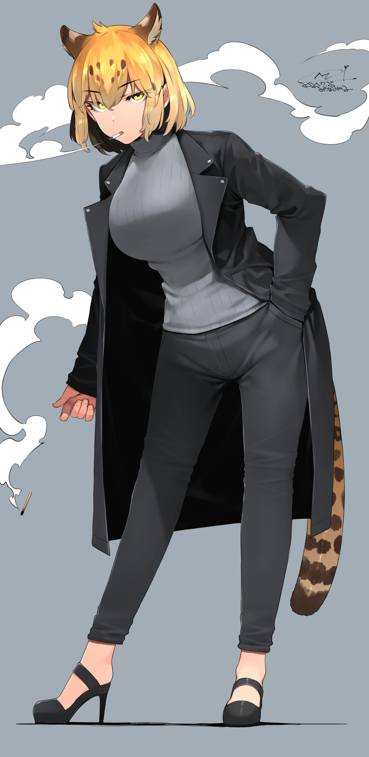 1girl alternate_costume animal_ear_fluff animal_ears bangs black_coat black_footwear black_pants blonde_hair cigarette coat dated extra_ears eyebrows_visible_through_hair full_body grey_background grey_sweater hair_between_eyes hand_in_pocket happa_(cloverppd) high_heels highres jaguar_(kemono_friends) jaguar_ears jaguar_tail kemono_friends leaning_forward long_sleeves looking_at_viewer matchstick pants ribbed_sweater shoes short_hair simple_background sleeves_past_wrists smoke smoking solo standing sweater tail turtleneck turtleneck_sweater yellow_eyes