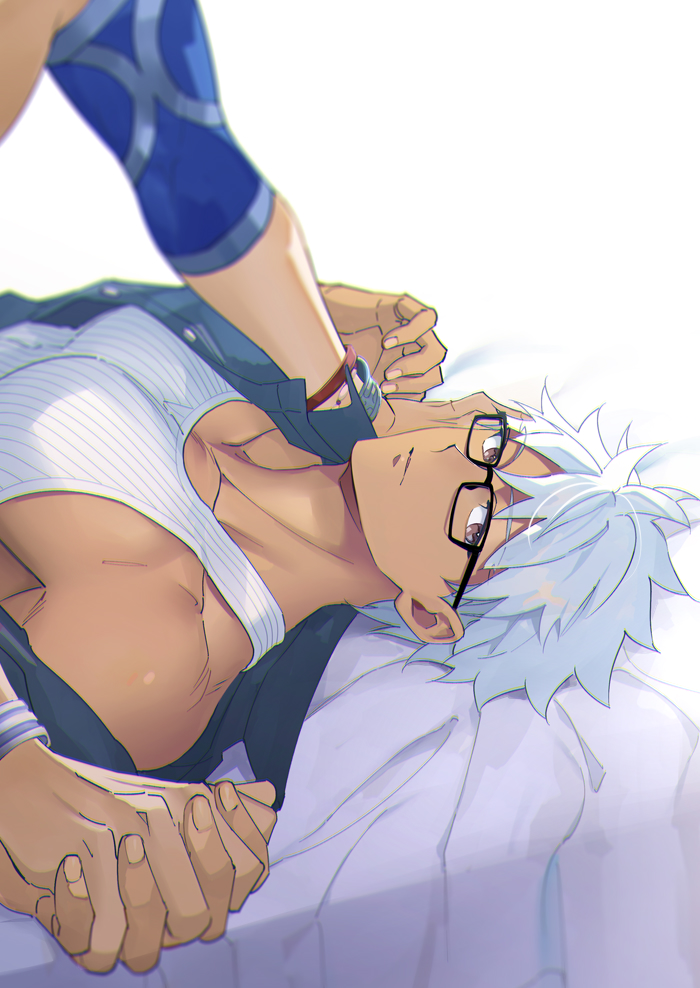 2boys archer bespectacled black-framed_eyewear blue_shirt blurry blurry_foreground closed_mouth commentary_request cu_chulainn_(fate)_(all) dark_skin dark_skinned_male depth_of_field emya fate/stay_night fate_(series) glasses holding_hands jewelry lancer looking_at_viewer lying male_focus multiple_boys off_shoulder on_back open_clothes open_shirt pectorals shirt short_hair single_bare_shoulder solo_focus striped_tank_top tank_top upper_body white_hair