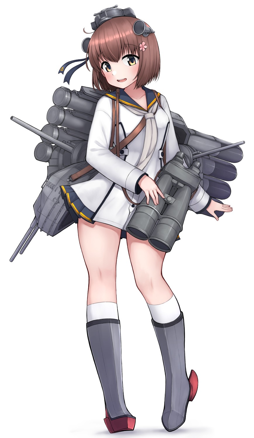 1girl anchor_symbol binoculars black_sailor_collar brown_eyes brown_hair cherry_blossoms dress flower full_body grey_neckwear hair_flower hair_ornament headgear headset highres kantai_collection machinery neckerchief open_mouth remodel_(kantai_collection) round_teeth sailor_collar sailor_dress short_hair simple_background solo speaking_tube_headset standing teeth tiemu_(man190) torpedo_launcher upper_teeth white_background white_dress yukikaze_(kantai_collection)