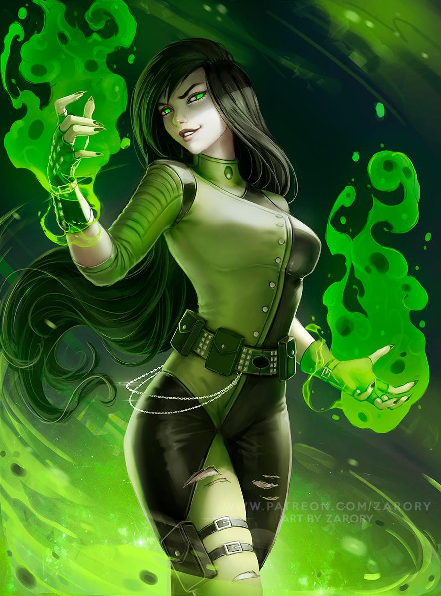 1girl artist_name belt black_gloves black_hair bodysuit breasts chain cowboy_shot fingerless_gloves fire gloves green_eyes green_fire hands_up highres kim_possible large_breasts long_hair long_sleeves pale_skin parted_lips shego skindentation smile solo strap torn_clothes very_long_hair watermark web_address zarory