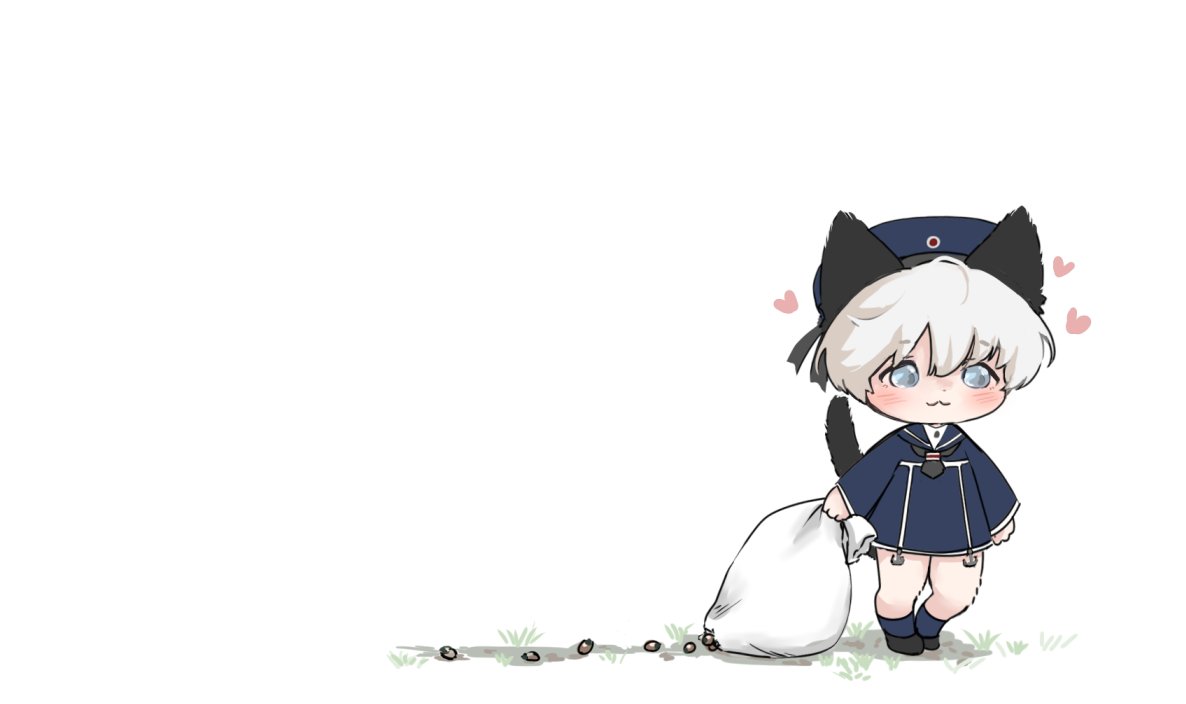 1girl :3 animal_ears black_neckwear blue_dress blue_eyes blue_headwear blue_sailor_collar cat_ears cat_tail chibi dress full_body hat kantai_collection karin_bluez3 neckerchief negative_space sack sailor_collar sailor_dress sailor_hat seed short_hair silver_hair simple_background solo tail white_background z1_leberecht_maass_(kancolle)