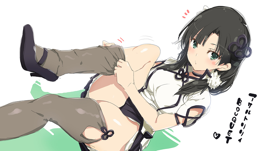 1girl adjusting_clothes adjusting_legwear assault_lily black_hair black_skirt blush breasts dress flower green_eyes hair_flower hair_ornament high_heels long_hair side_ponytail skirt thigh-highs thighs wang_yujia white_dress yaegashi_nan