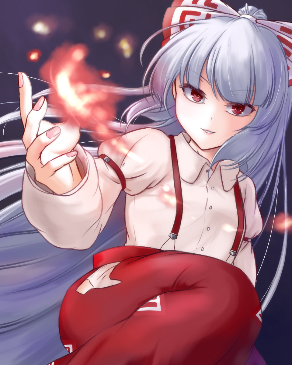 1girl bangs blunt_bangs bow collared_shirt fire flat_chest fujiwara_no_mokou gradient gradient_background hair_bow highres juliet_sleeves knee_up light_smile long_hair long_sleeves looking_at_viewer ofuda_on_clothes outstretched_hand pants parted_lips pink_nails puffy_sleeves pyrokinesis red_bow red_eyes red_pants riria_(liry_a_flower) shirt simple_background solo suspenders touhou two-tone_bow upper_body v-shaped_eyebrows very_long_hair white_bow white_hair white_shirt