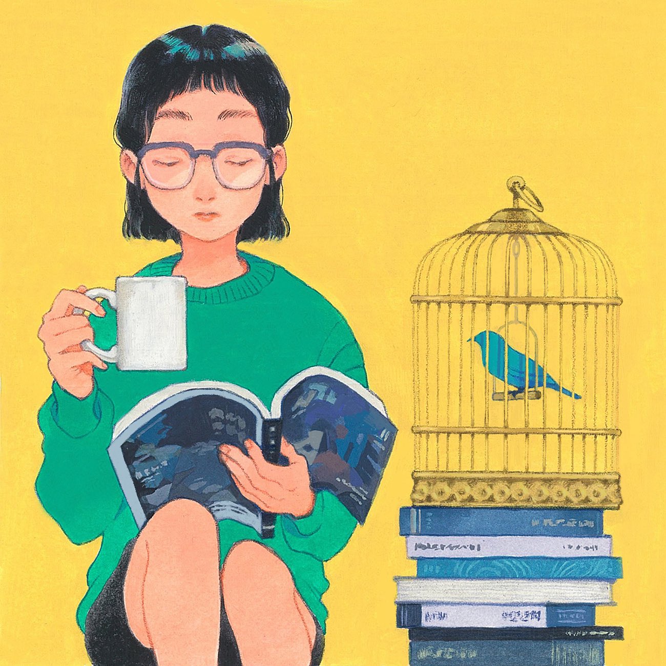 1girl bangs birdcage black_hair black_shorts book cage closed_eyes cup feet_out_of_frame glasses green_shirt highres holding holding_cup kan0nakan0 long_sleeves open_book original pile_of_books shirt short_hair shorts simple_background sitting solo twitter yellow_background